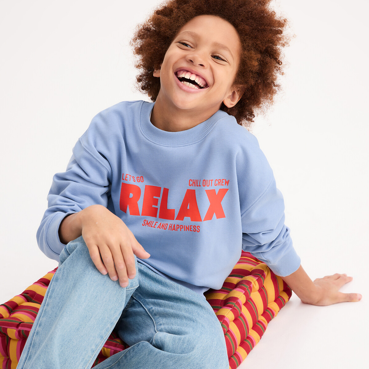 Slogan Print Fleece Crew Neck Sweatshirt sky blue, LA REDOUTE COLLECTIONS