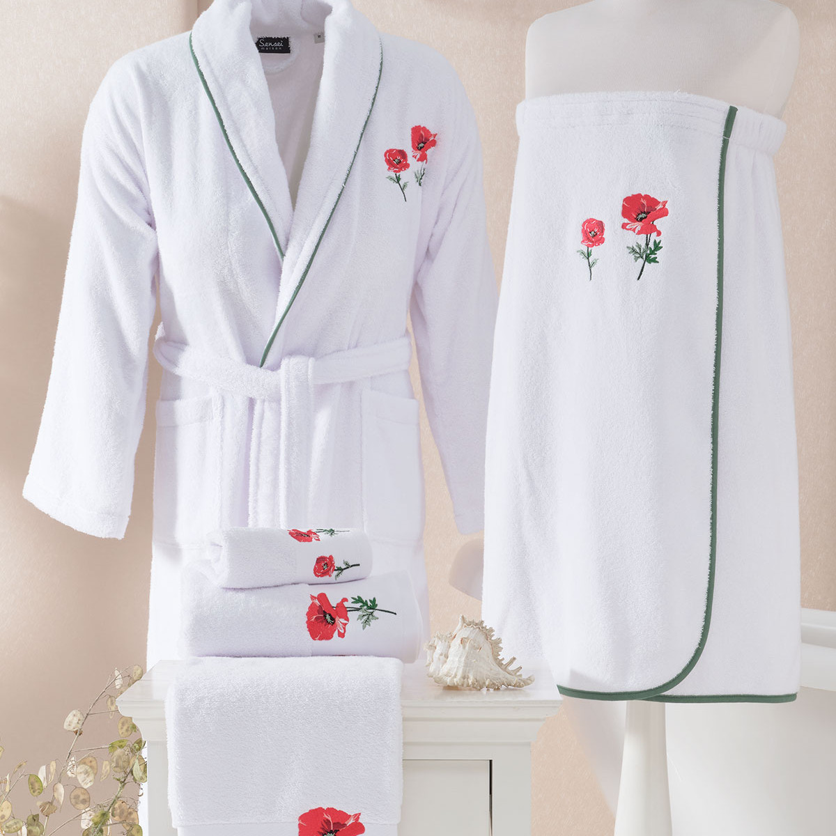Peignoir brodé col châle 420 g/m² AURORE blanc, SENSEI MAISON