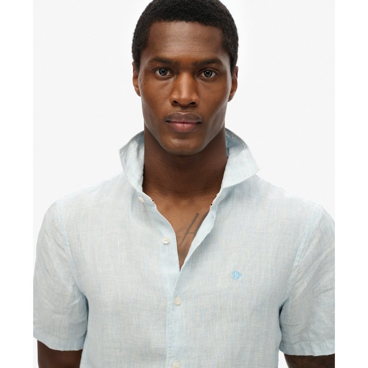 Chemise en lin Vacation brodée bleu ciel rayé ticking, SUPERDRY