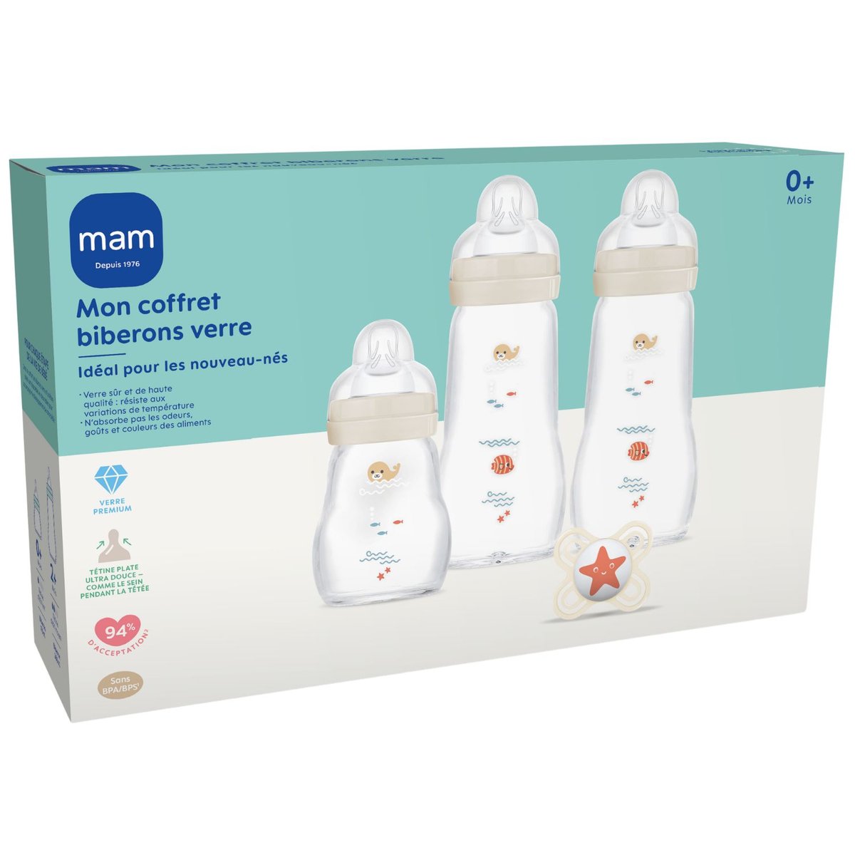 Coffret biberons verre marro, orange, MAM