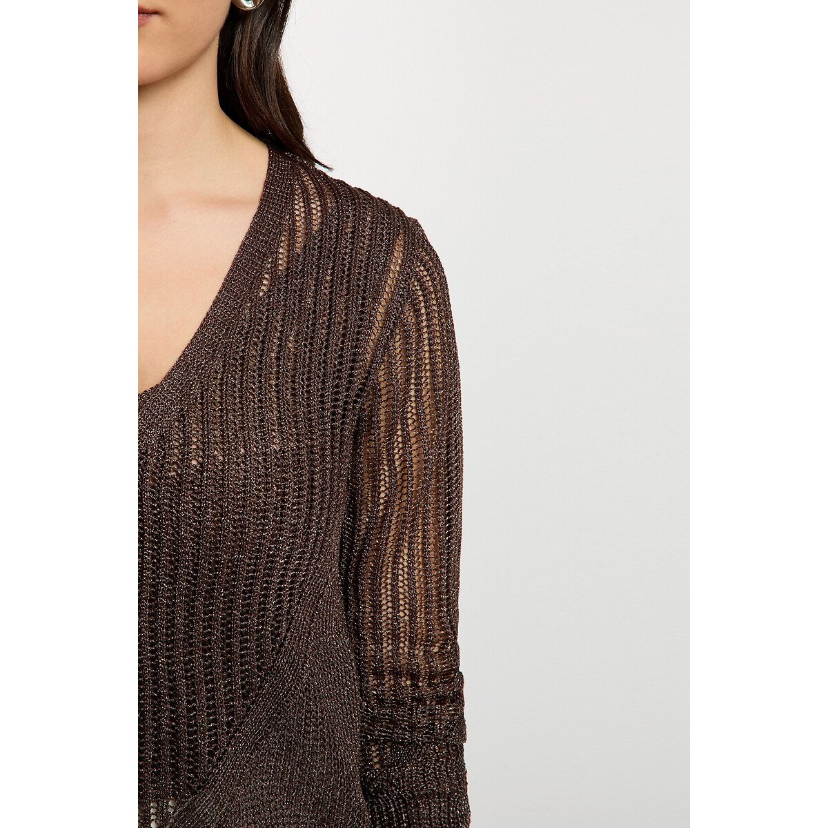 Gilet manches longues ajouré chocolat, MORGAN