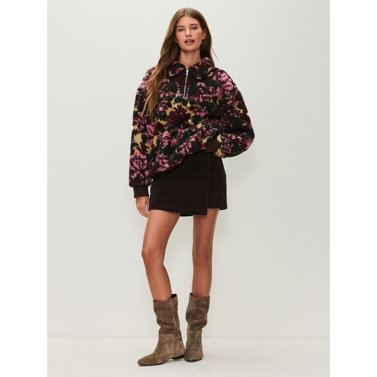 Sweat en polaire zippée à manches longues jacquard floral vert sauge, NEXT