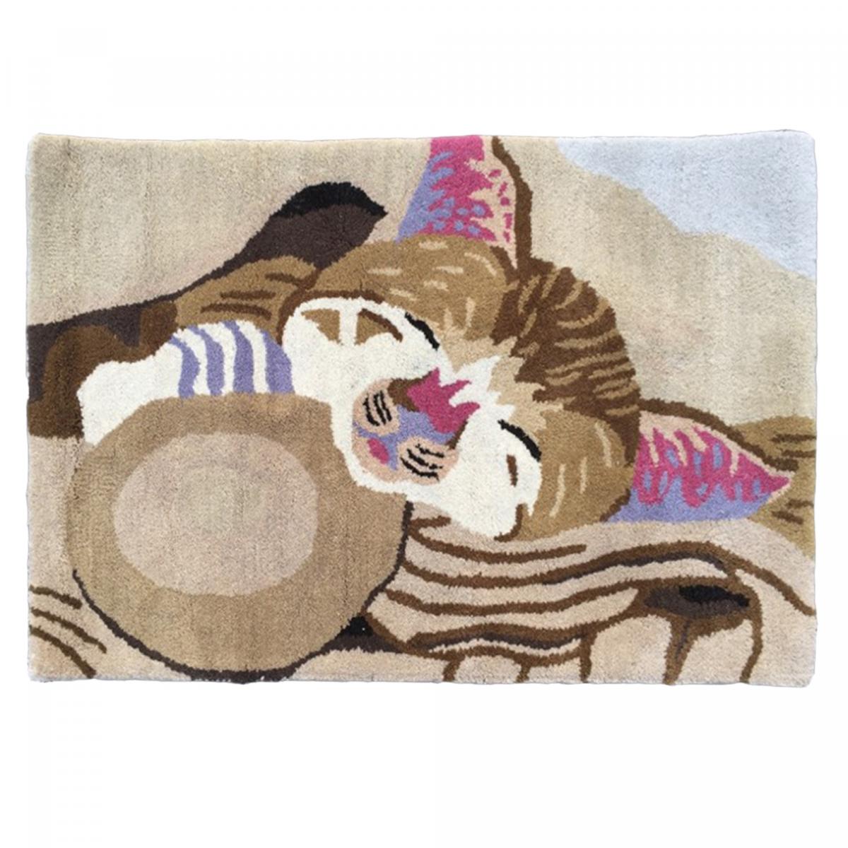 Tapis enfant fait main en laine motif animaux CHAT beige, UN AMOUR DE TAPIS