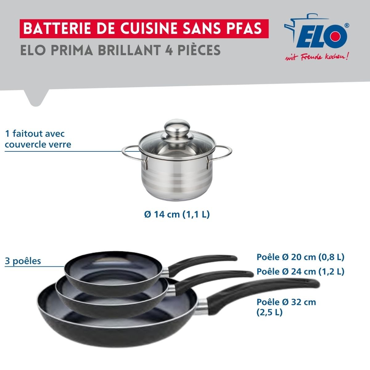 Batterie 3 poêles 20/24/32cm + 1 faitout 14cm PRIMA BRILLANT noir, ELO