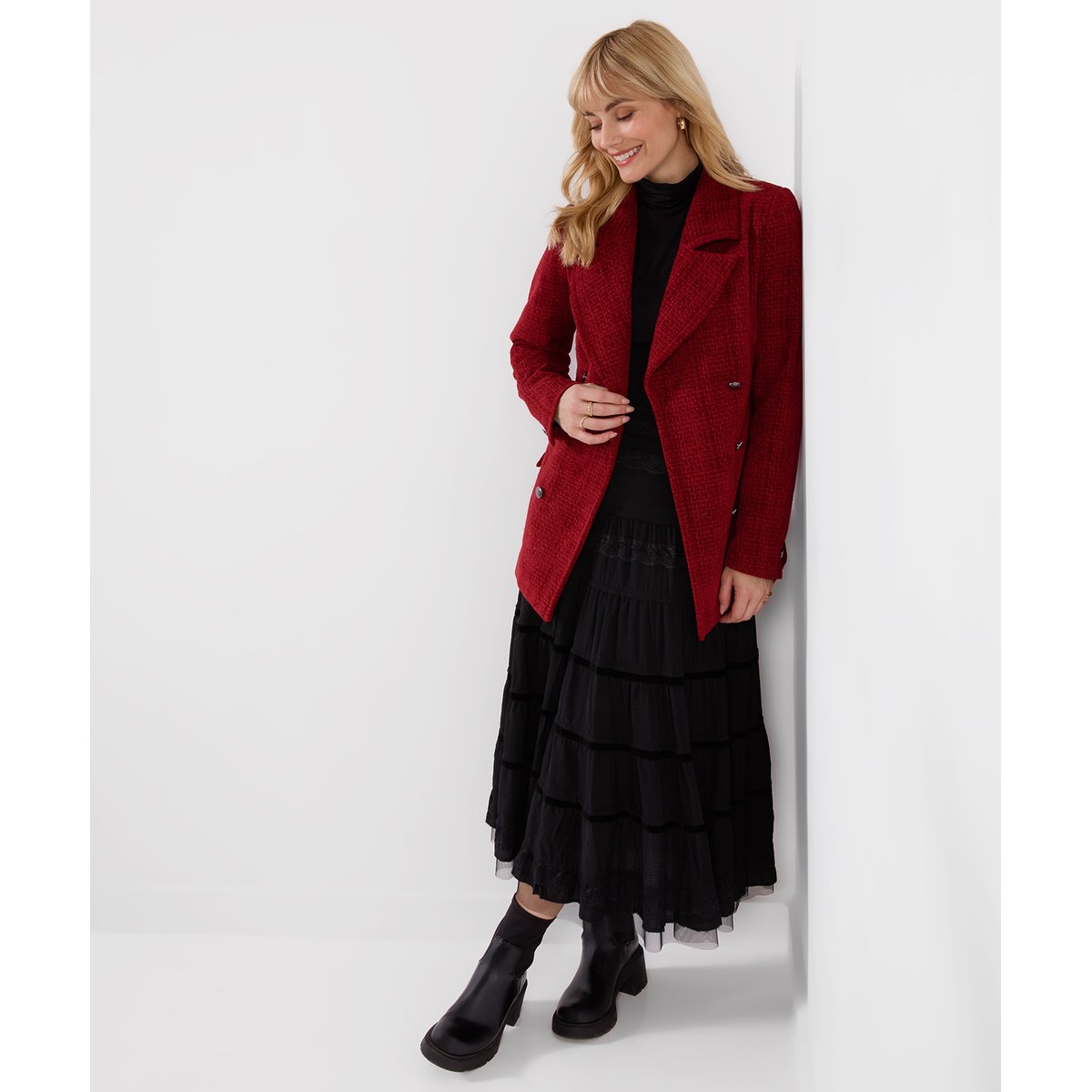 Manteau en Tweed Ceinturé Mabel rouge, JOE BROWNS