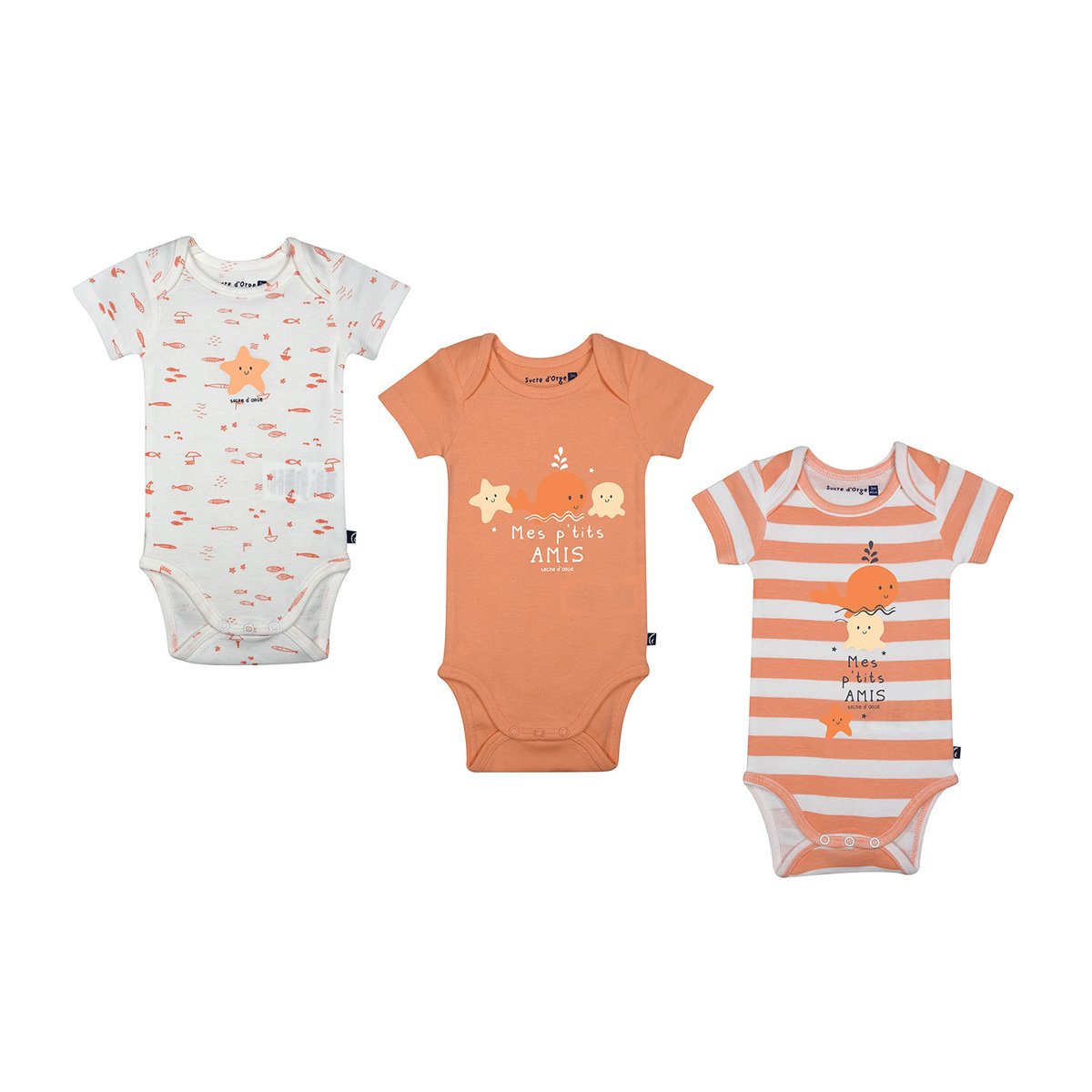 Lot de 3 bodies laelie manches courtes bebe orange, SUCRE D'ORGE