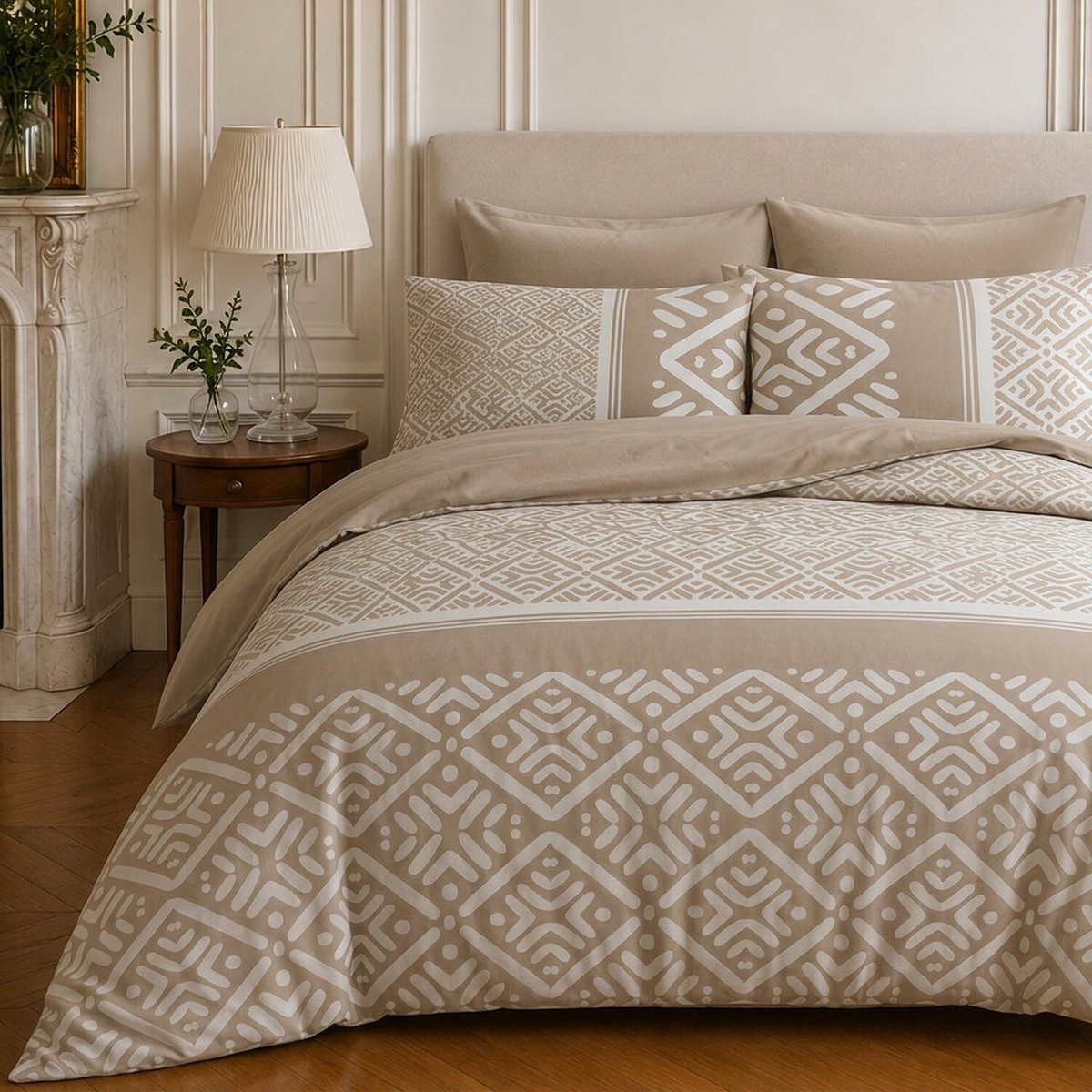 Parure de lit en coton motif géométrique, BOHO beige, C DESIGN HOME TEXTILE