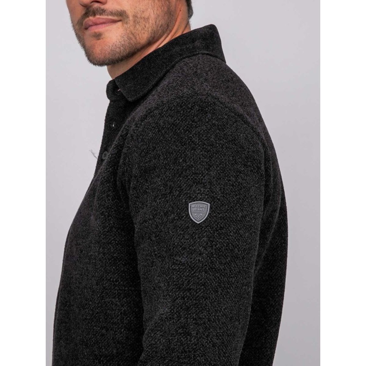Pull Polo Chenille Col Boutonné Loctobir noir, RITCHIE