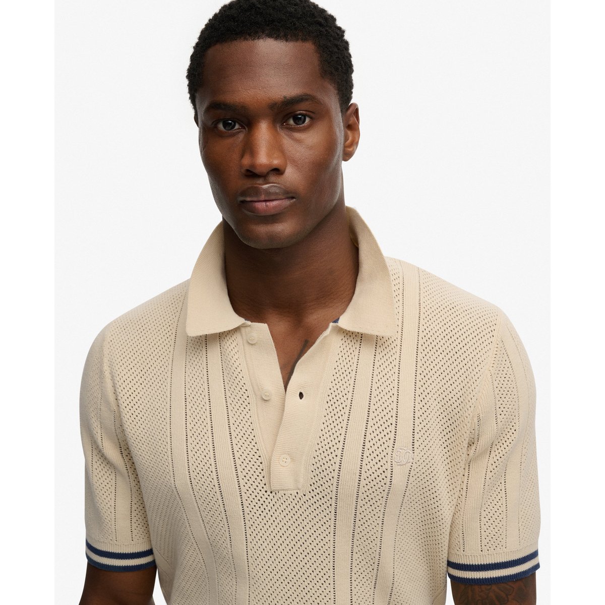 Polo en maille texturée à manches courtes beige avoine, SUPERDRY
