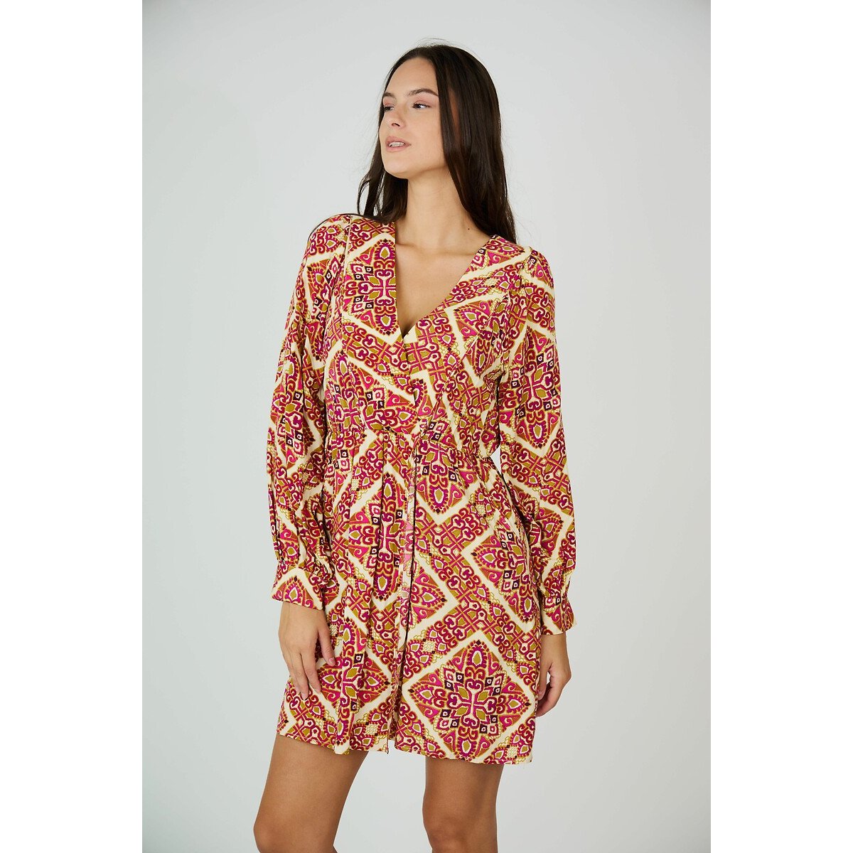 Tribal Print Mini Dress with V-Neck and Long Sleeves print/beige background, SEE U SOON