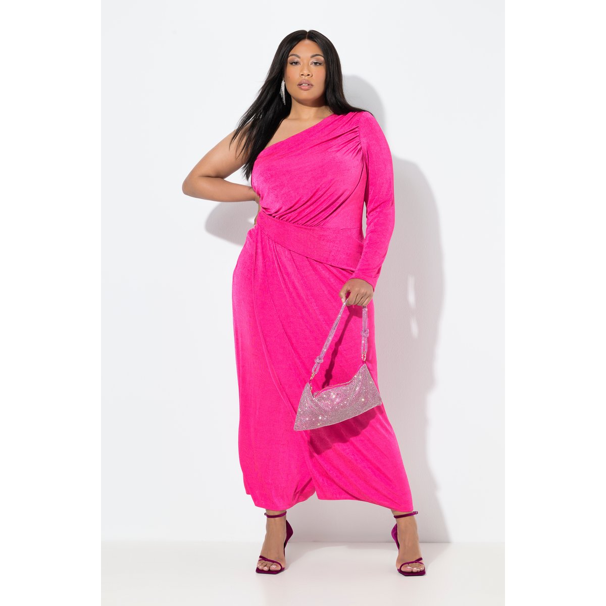 Robe maxi épaule nue, aspect cache-cœur rose vif, ULLA POPKEN