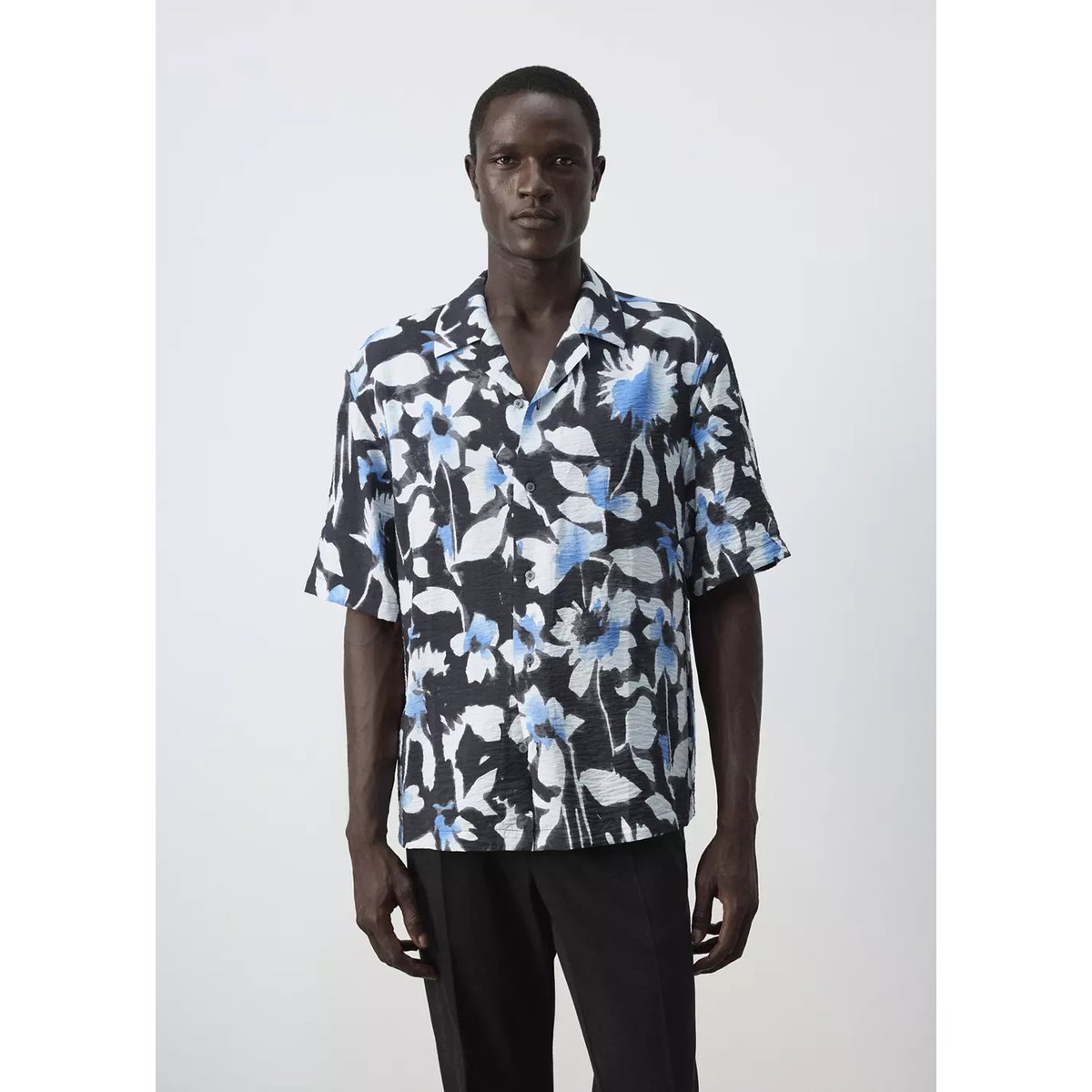 Chemise imprimée col bowling noir, MANGO MAN