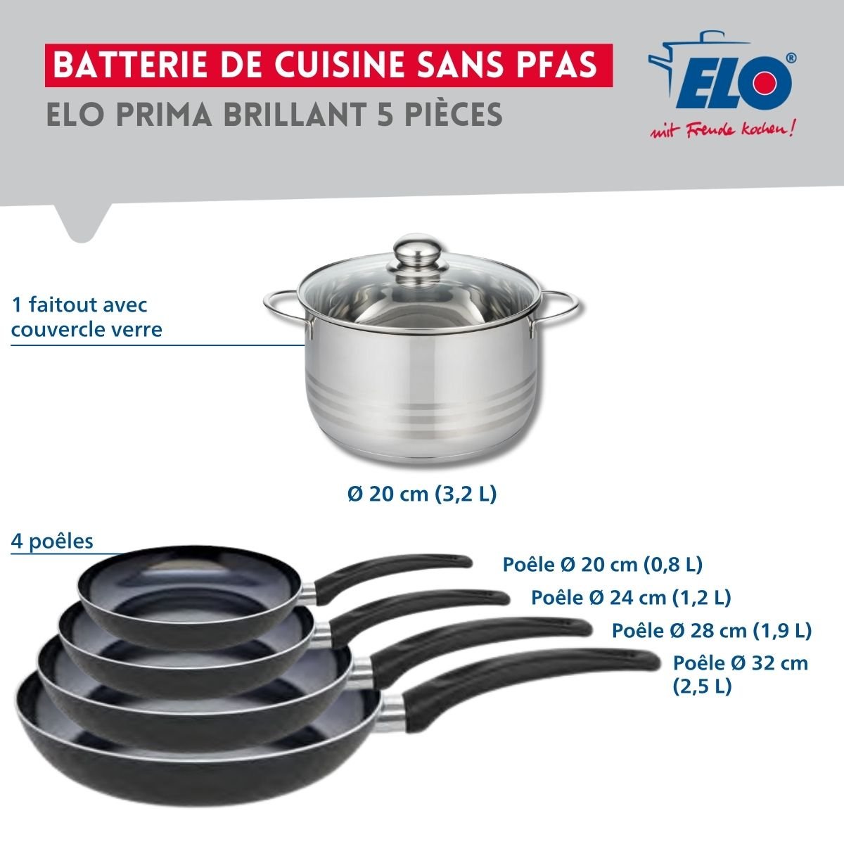Batterie 4 poêles 20/24/28/32cm + 1 faitout 20cm PRIMA BRILLANT noir, ELO