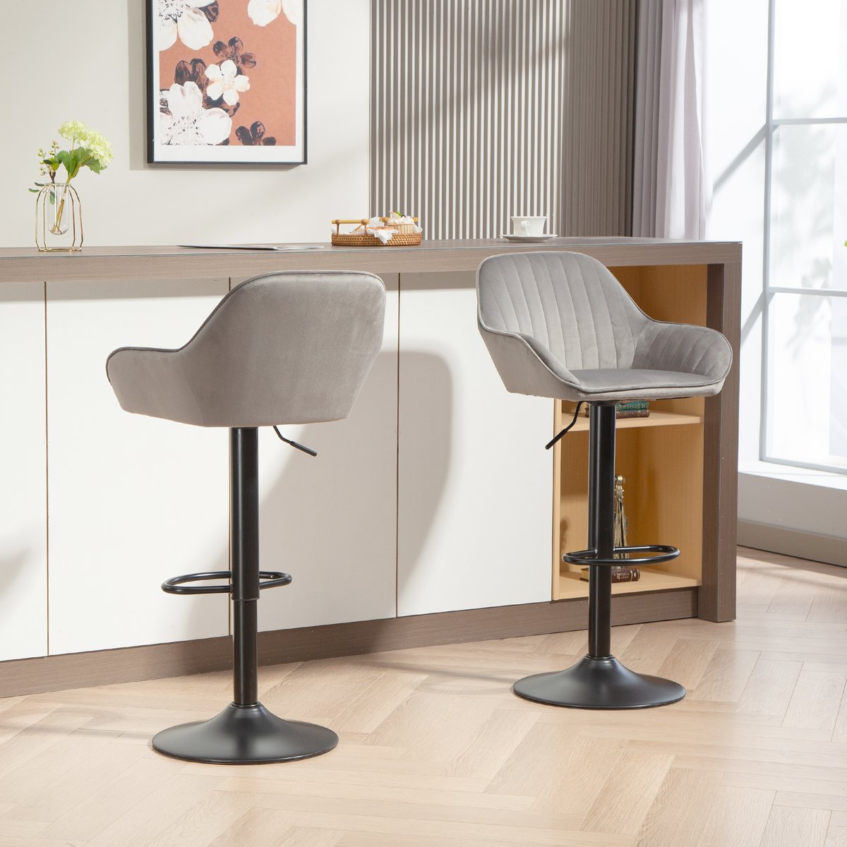 Tabouret de bar Velours (100 % polyester) gris et noir, HOMCOM