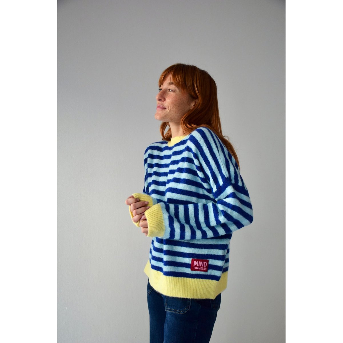 Pull rayé bords contrastés PIA bleu / jaune, MINDTRAVELER