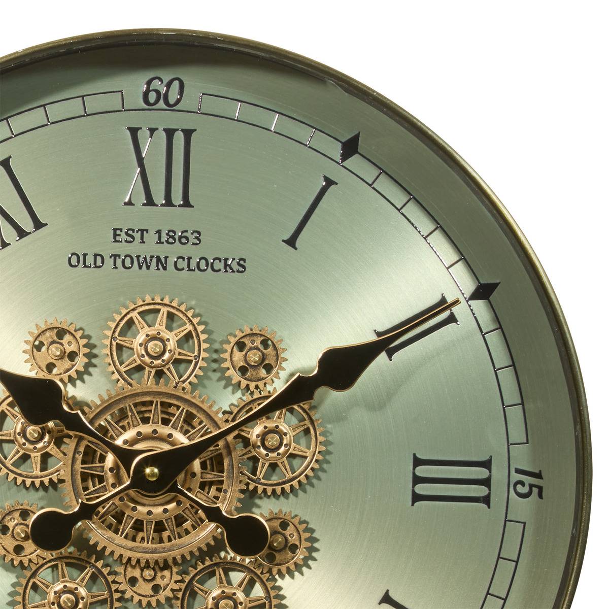 Horloge mécanique acier engrenages apparents MICHEL vert, ATMOSPHERA