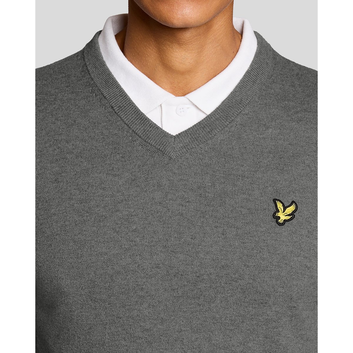 Pull en mélange de coton col V gris moyen chiné, LYLE & SCOTT