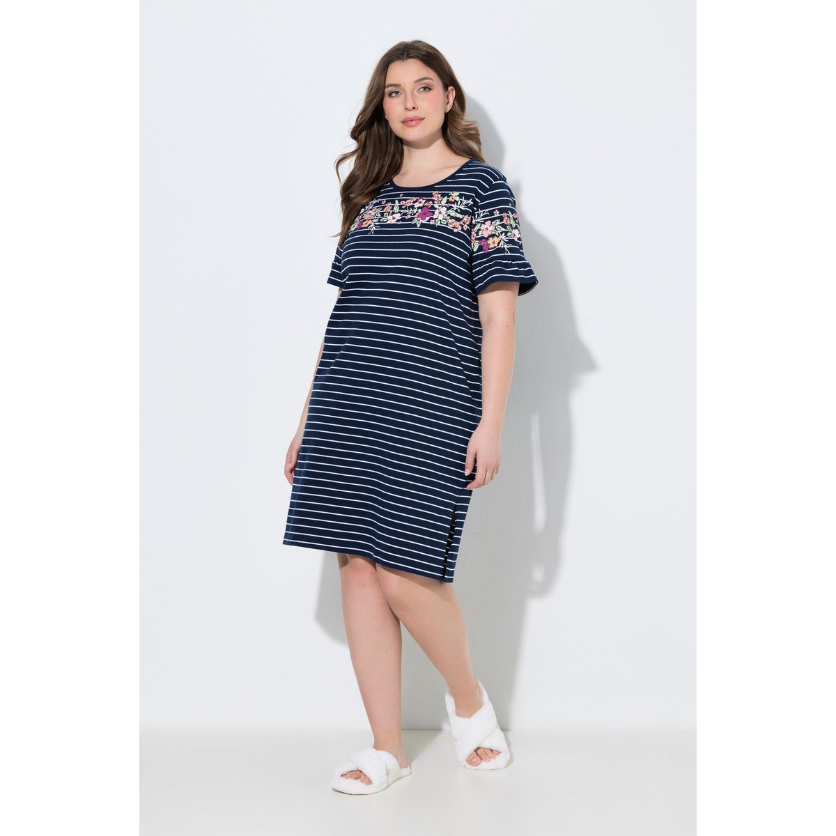 T-shirt long à rayures fleuries, col rond bleu nuit, ULLA POPKEN