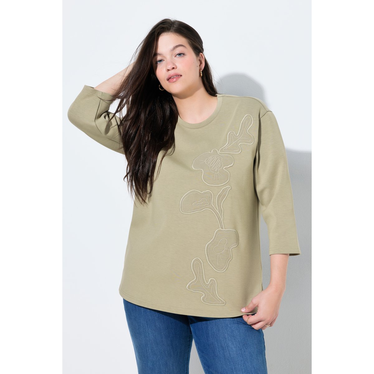 Sweat-shirt col rond et manches 3/4 kaki clair, ULLA POPKEN