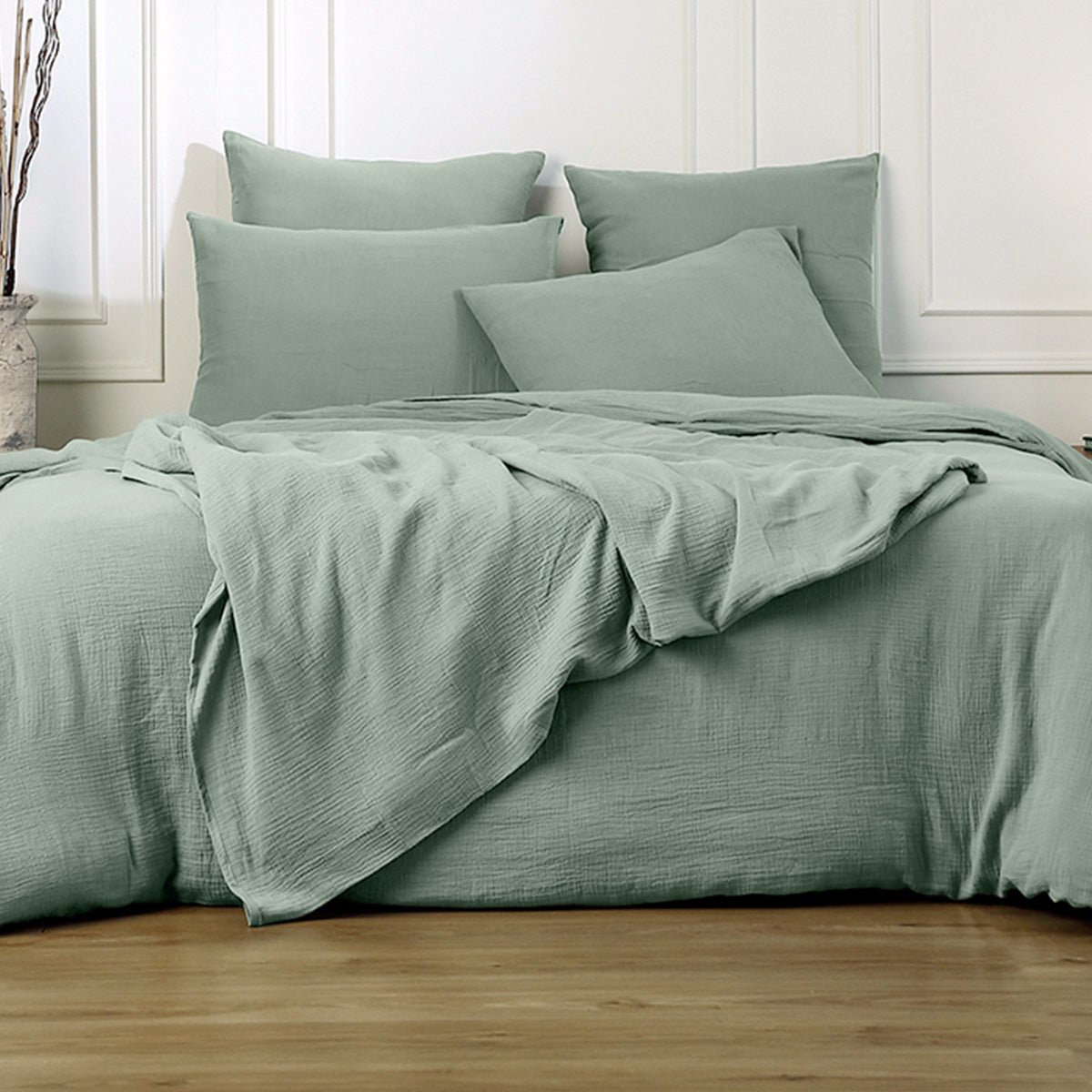 Parure + taies 65x65 gaze de coton ALMA Made in Europe vert céladon, FEBRONIE