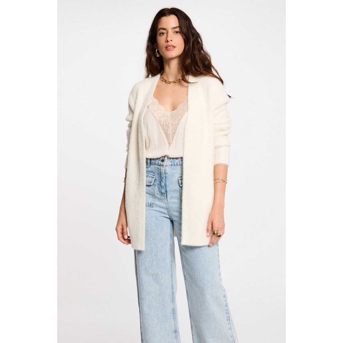 Gilet long maille duveteuse ivoire, MORGAN