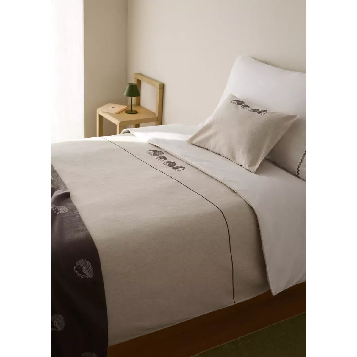 Housse de couette enfant coton et lin hérissons brodés lit 90 cm blanc, MANGO HOME