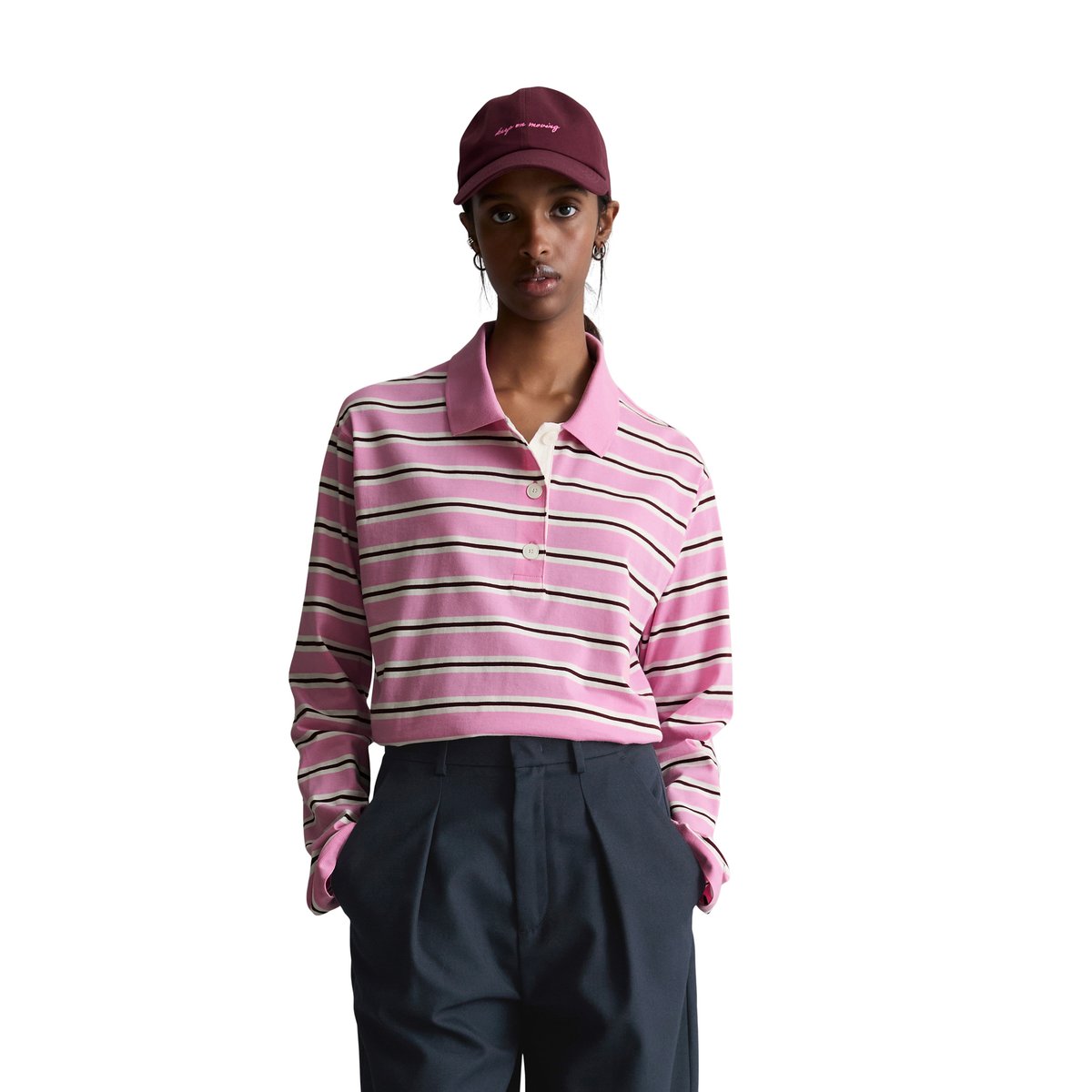 Polo à manches longues relaxed en single jersey rayé rose, MARC O’POLO DENIM