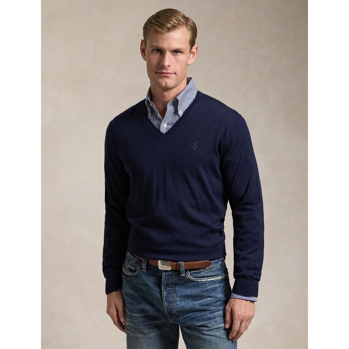 Maglione in lana scollo a v in maglia grossa blu marino, POLO RALPH LAUREN