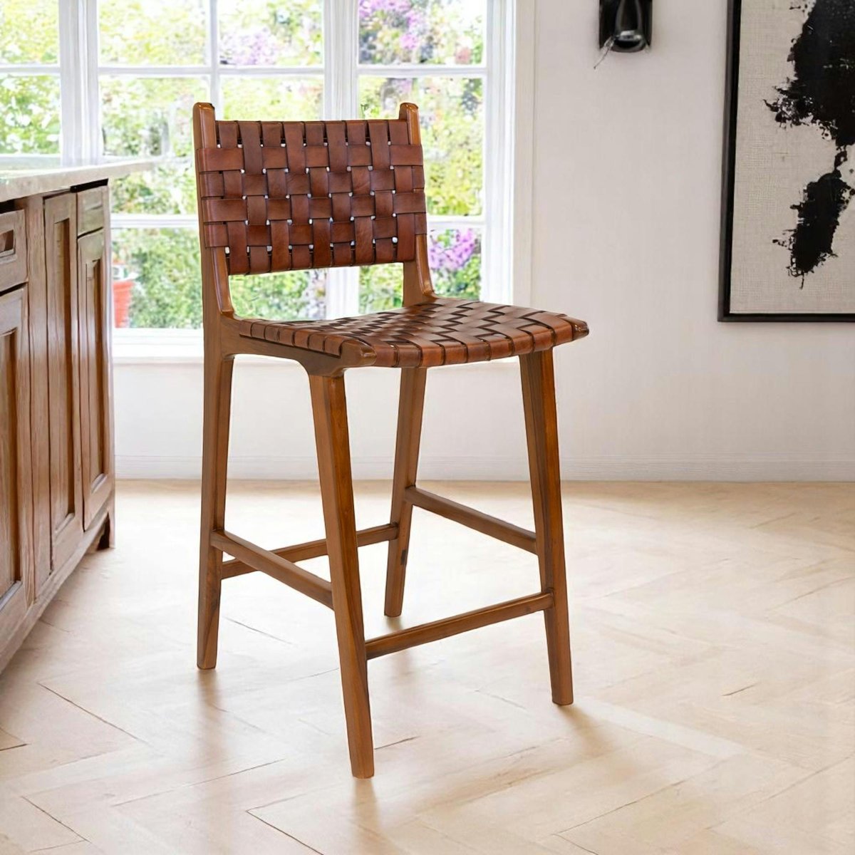 Chaise de bar en bois de teck et cuir marron MENDOZA bois naturel, PIER IMPORT