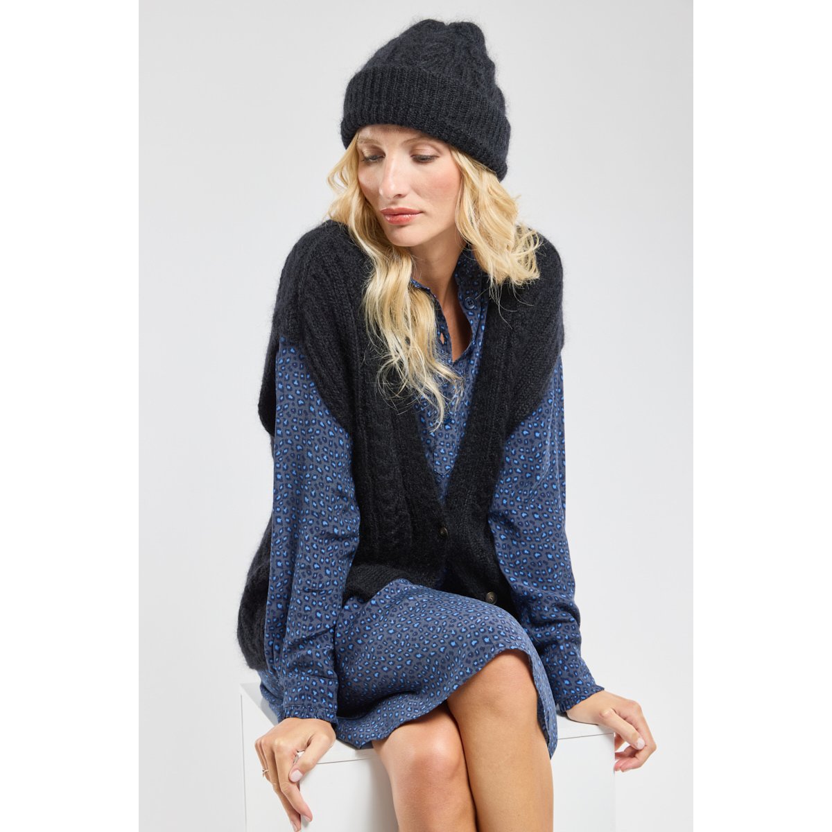 Gilet sans manche Côme en mohair noir, TERRE & MER