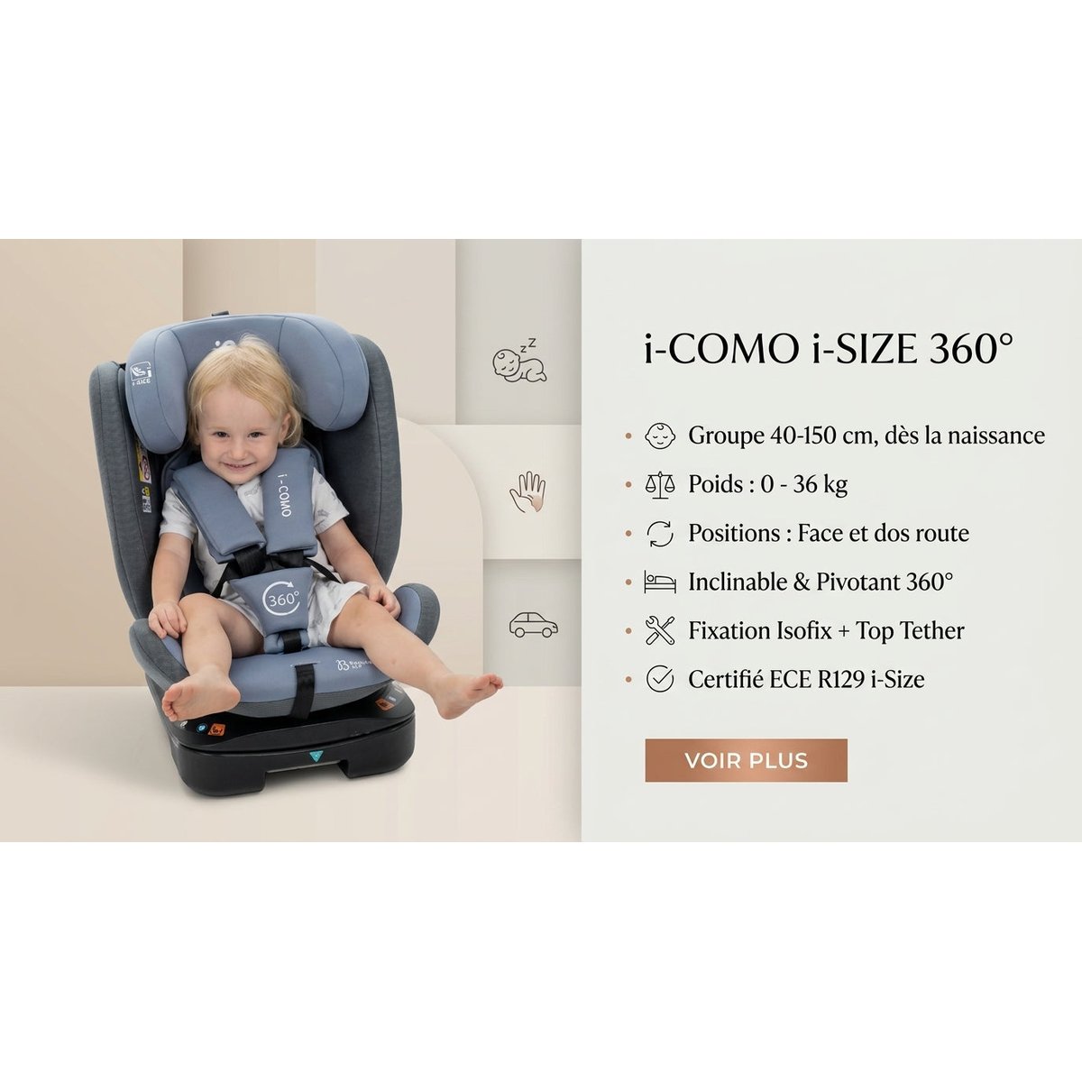 Bebelissimo - Siège auto Isofix - pivontant 360 ° - 40-150 cm - 0-36kg i- COMO vert couleur unique, BEBELISSIMO J'AIME