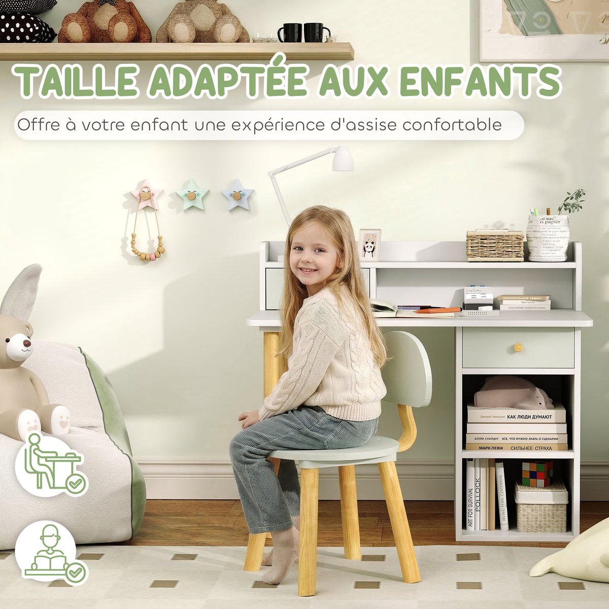 Bureau d'étude pour enfants avec chaise MDF vert clair, blanc, AIYAPLAY