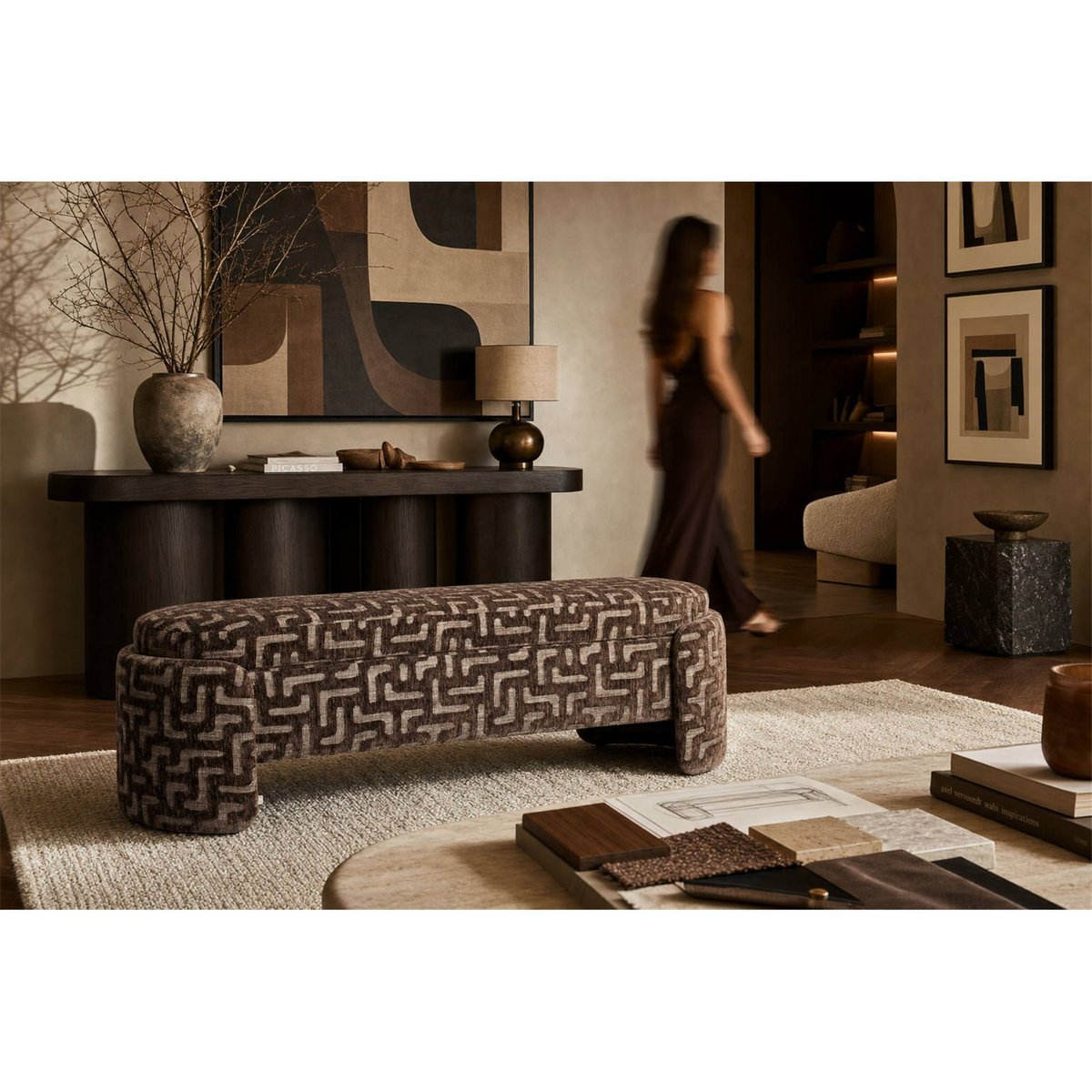 Banc coffre motif labyrinthe marron labyrinthe, RECOLLECTION
