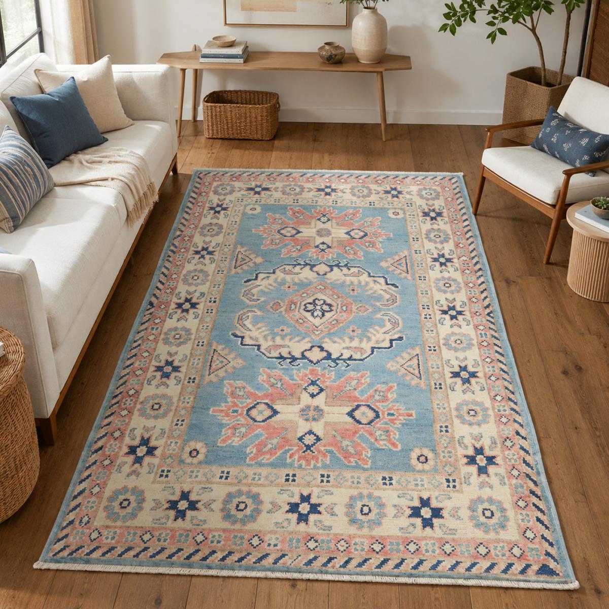 Tapis salon traditionnel, noué main en laine, KAZAK CO 55 bleu, crème, rose, UN AMOUR DE TAPIS