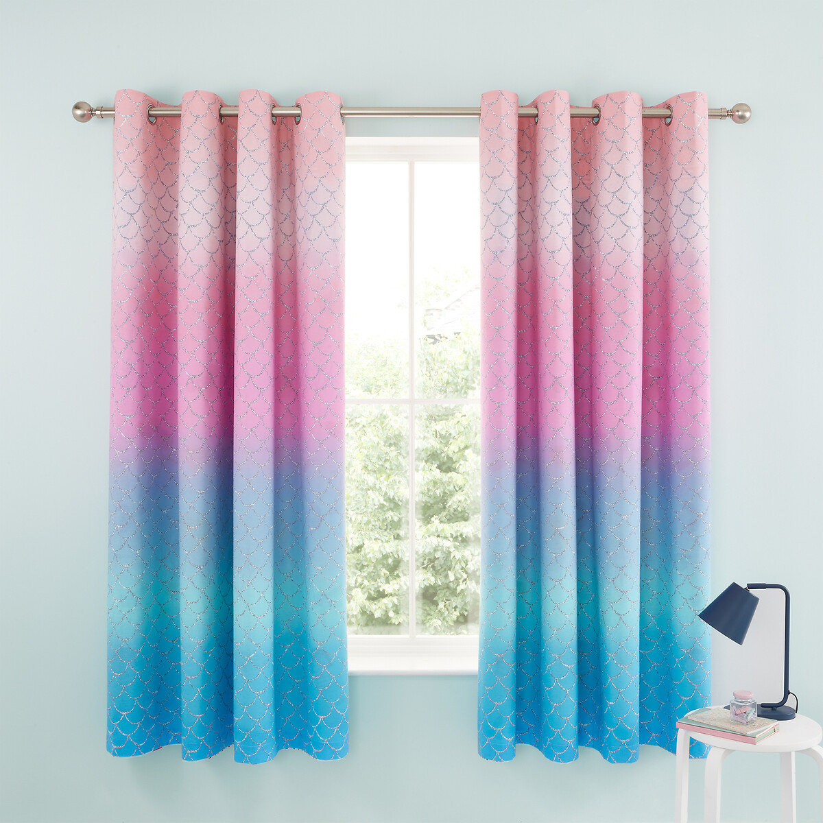Mermaid Lined Cotton Eyelet Curtains light blue, CATHERINE LANSFIELD