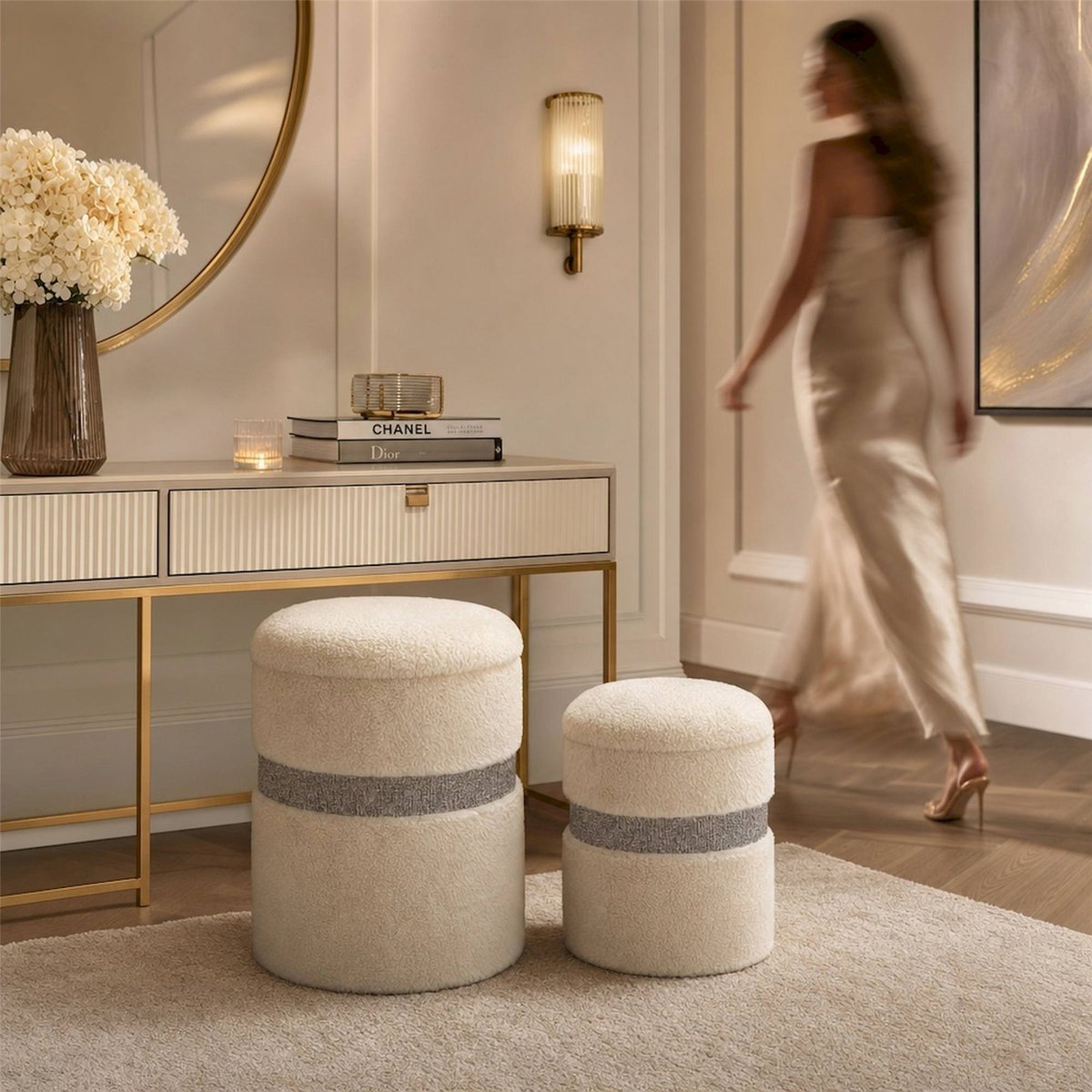 Pouf rond avec rangement lot de 2 MODERN crème, RECOLLECTION
