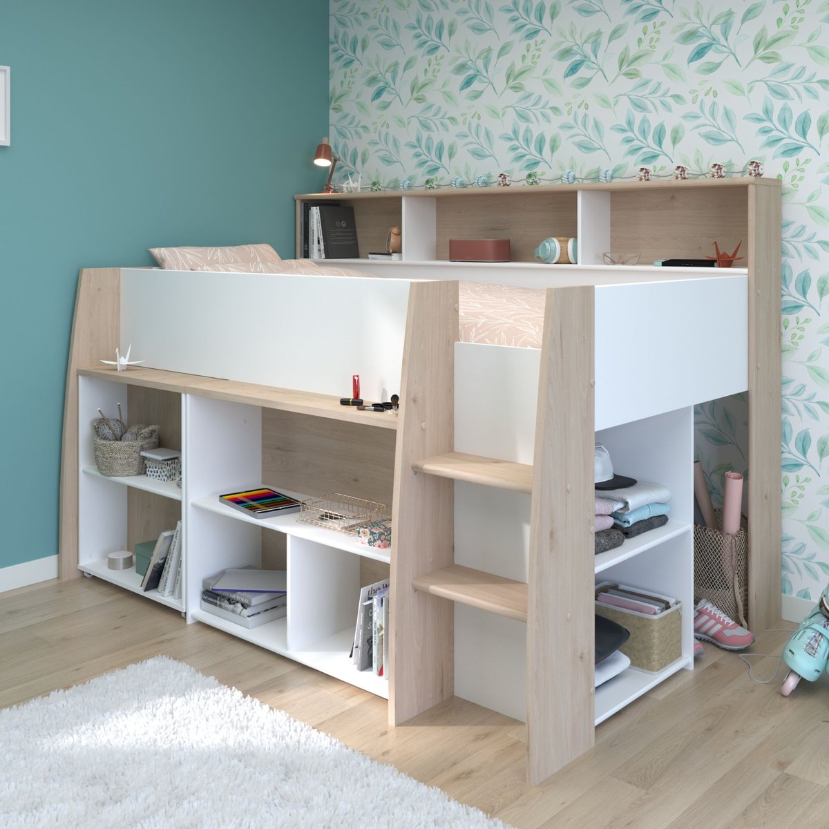 Lit mezzanine enfant bois avec bureau escamotable et rangements blanc, TERRE DE NUIT
