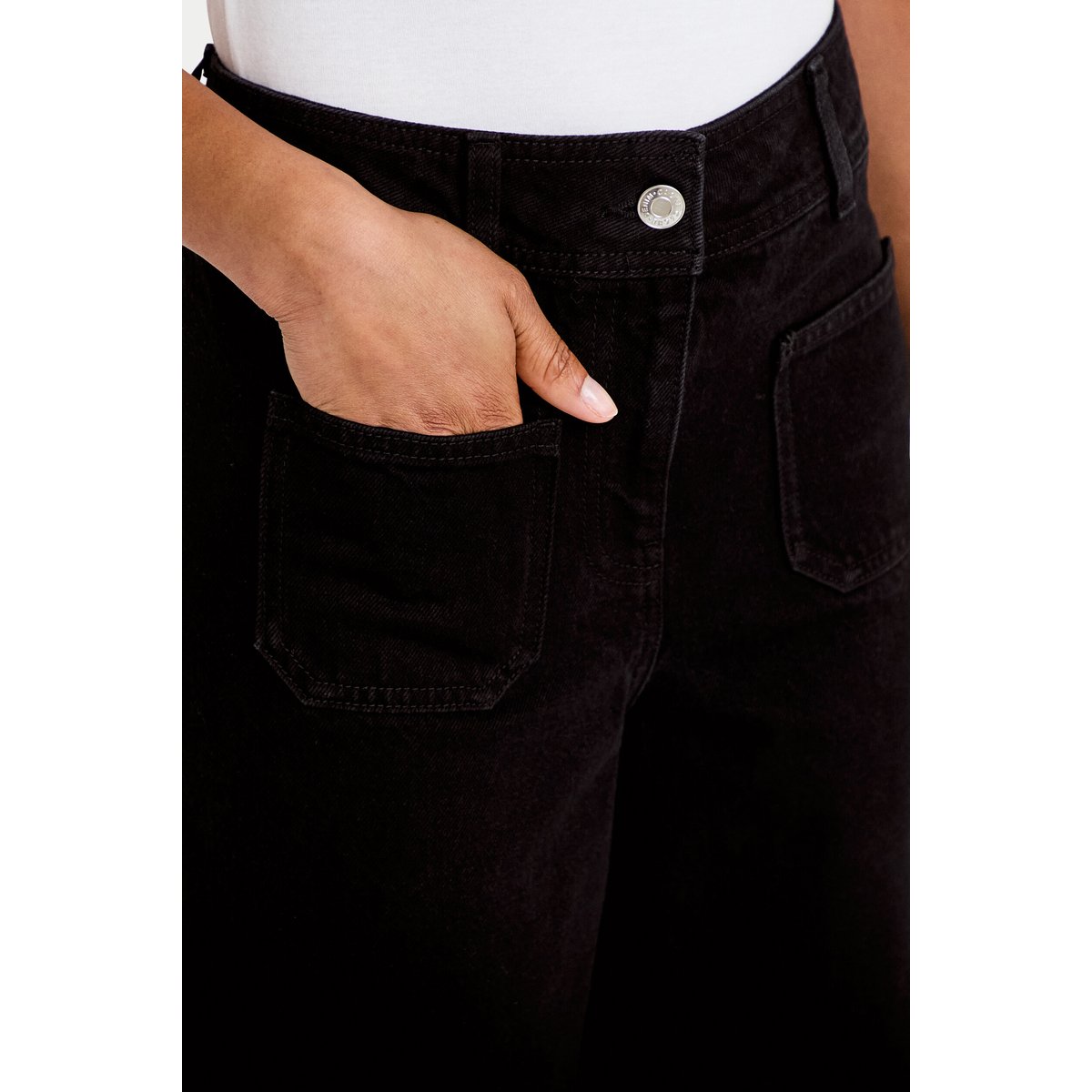 Jean wide leg cropped taille haute denim noir, CACHE CACHE