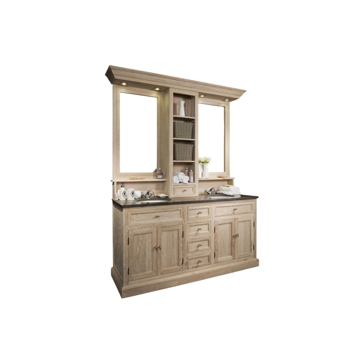 Meuble de salle de bain double vasque + 1 colonne G (ensemble) - VERONE bois clair, HELLIN, DEPUIS 1862