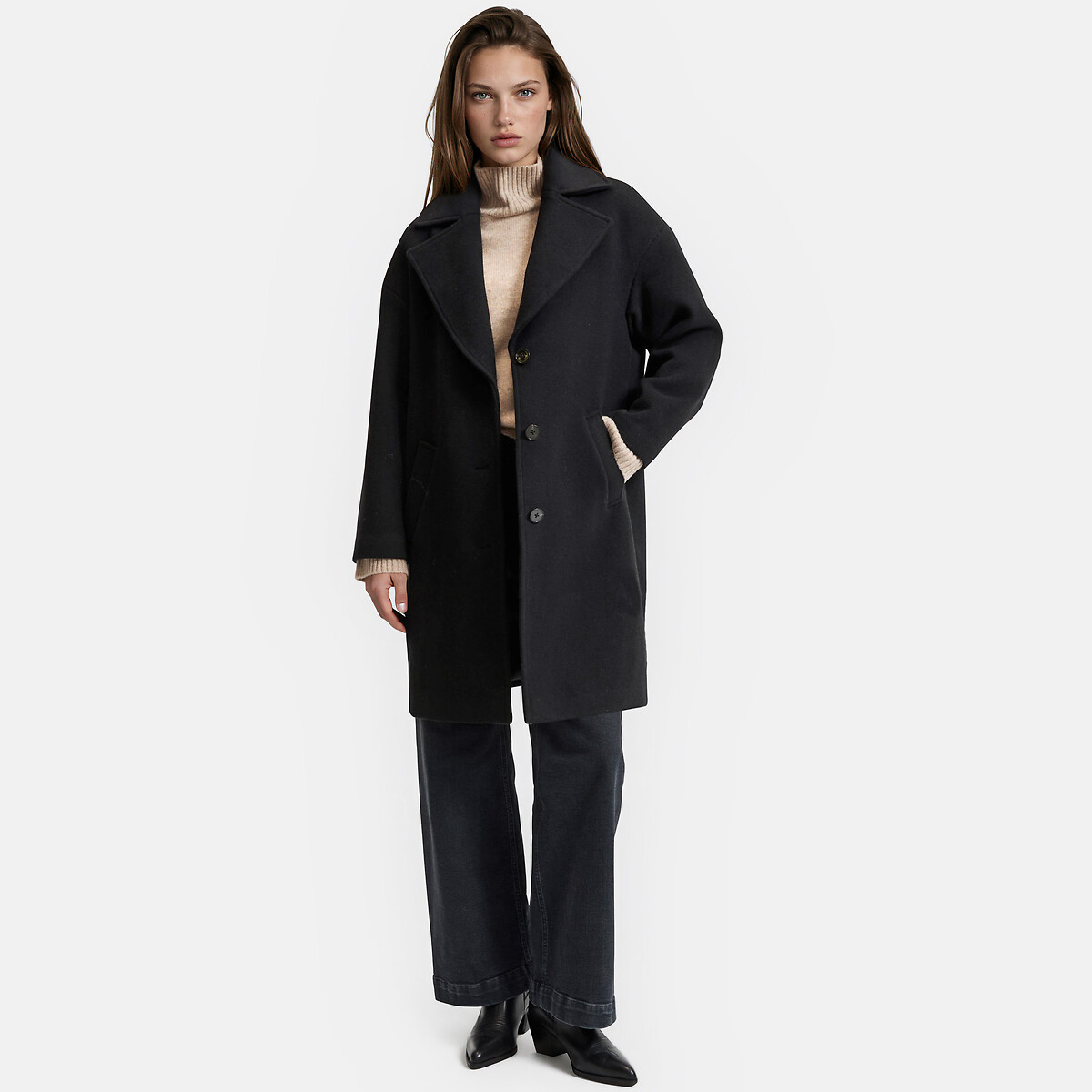 Manteau mi-long, fermeture boutonnée, plein hiver noir, LA REDOUTE COLLECTIONS