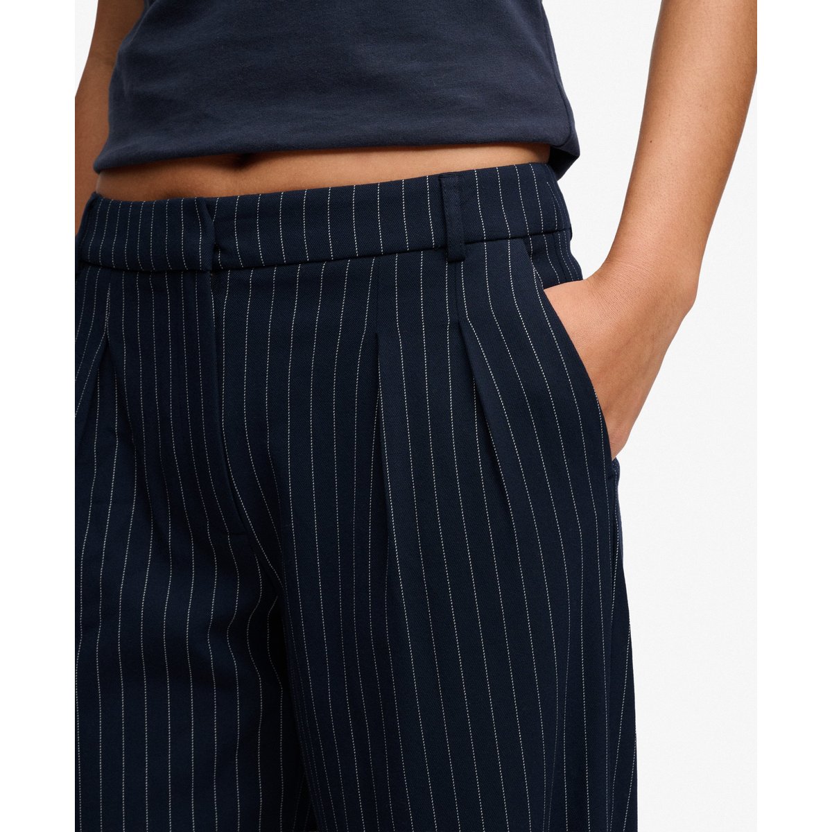 Pantalon Pinstripe Taille Haute Coupe Classique rayures tennis bleu marine, SUPERDRY