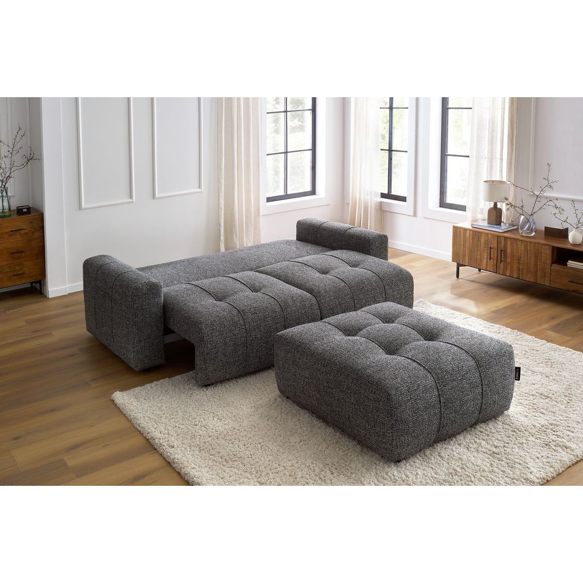 Canapé droit convertible 4 places en tissu chiné avec pouf, ARSENE gris foncé, BOBOCHIC
