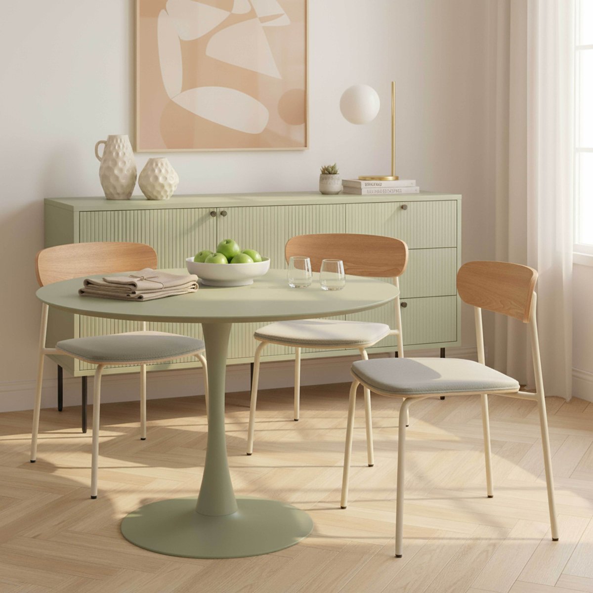 Table à manger ronde unie 4 personnes 100 cm, FANCY vert, OVIALA