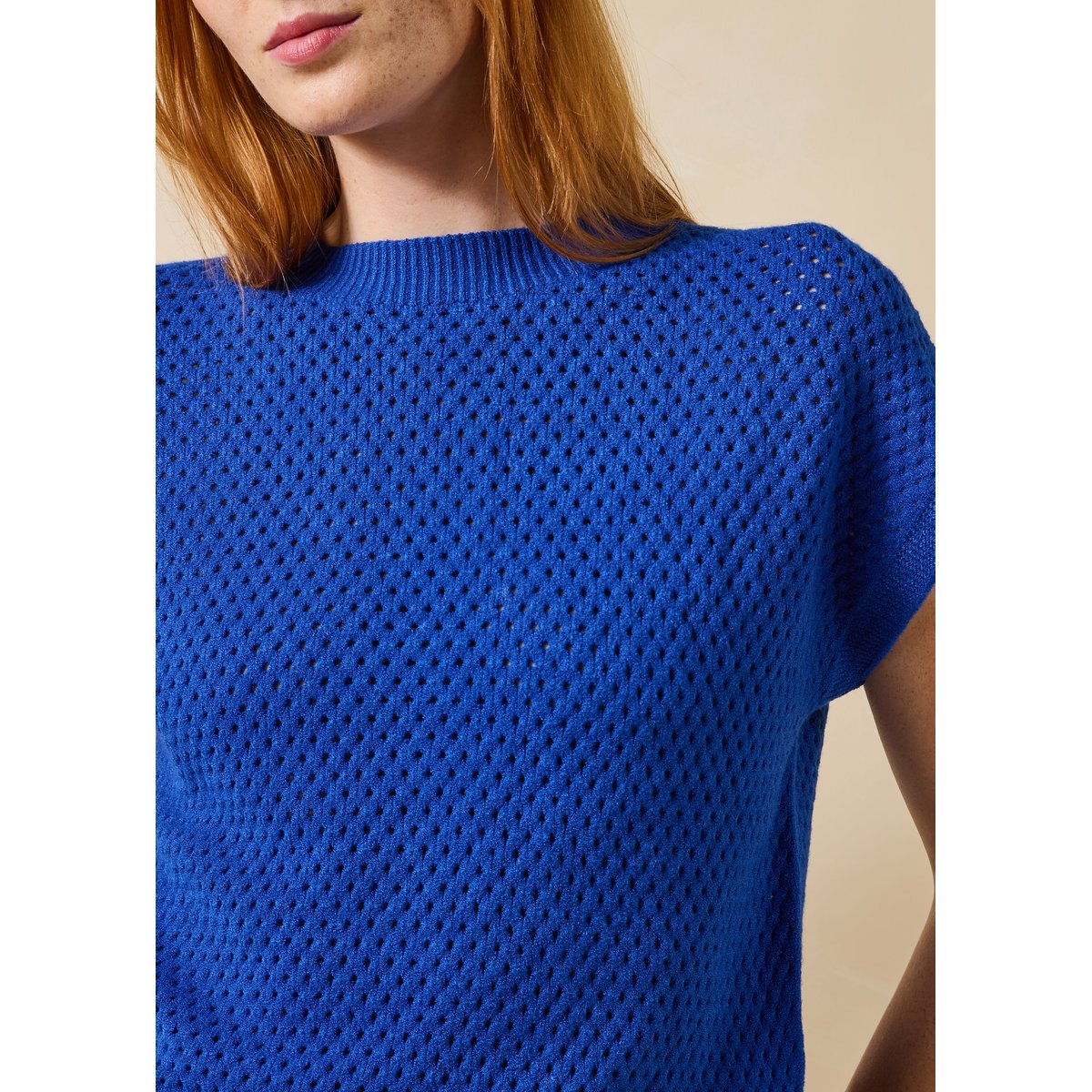 Pull manches courtes en maille col rond bleu roi, LA FEE MARABOUTEE