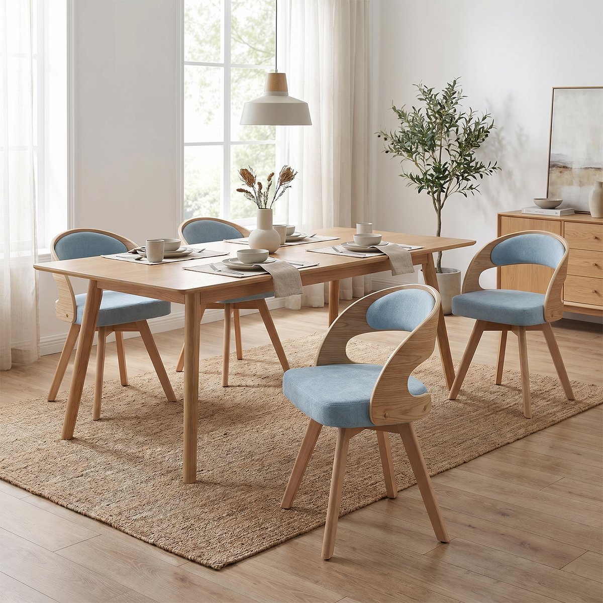 Lot de 4 fauteuils de salle à manger rotatif scandinave en hêtre, GINNY bleu, MEUBLES COSY