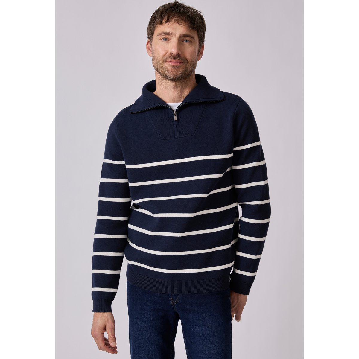Pull col camionneur zippé bleu marine rayé, DAMART