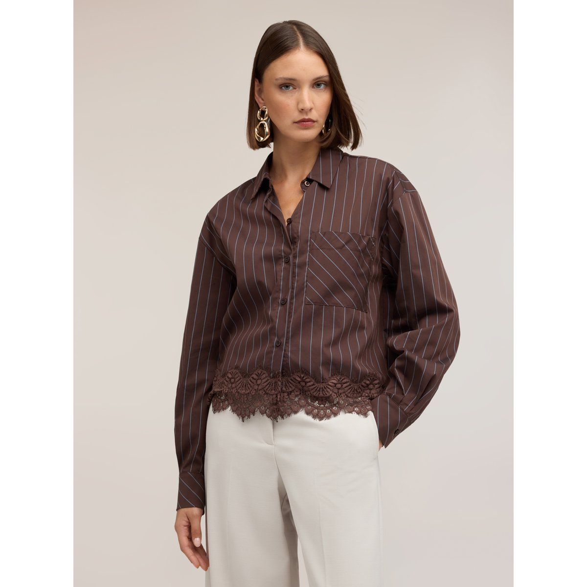 Chemise rayée avec dentelle marron, MOTIVI