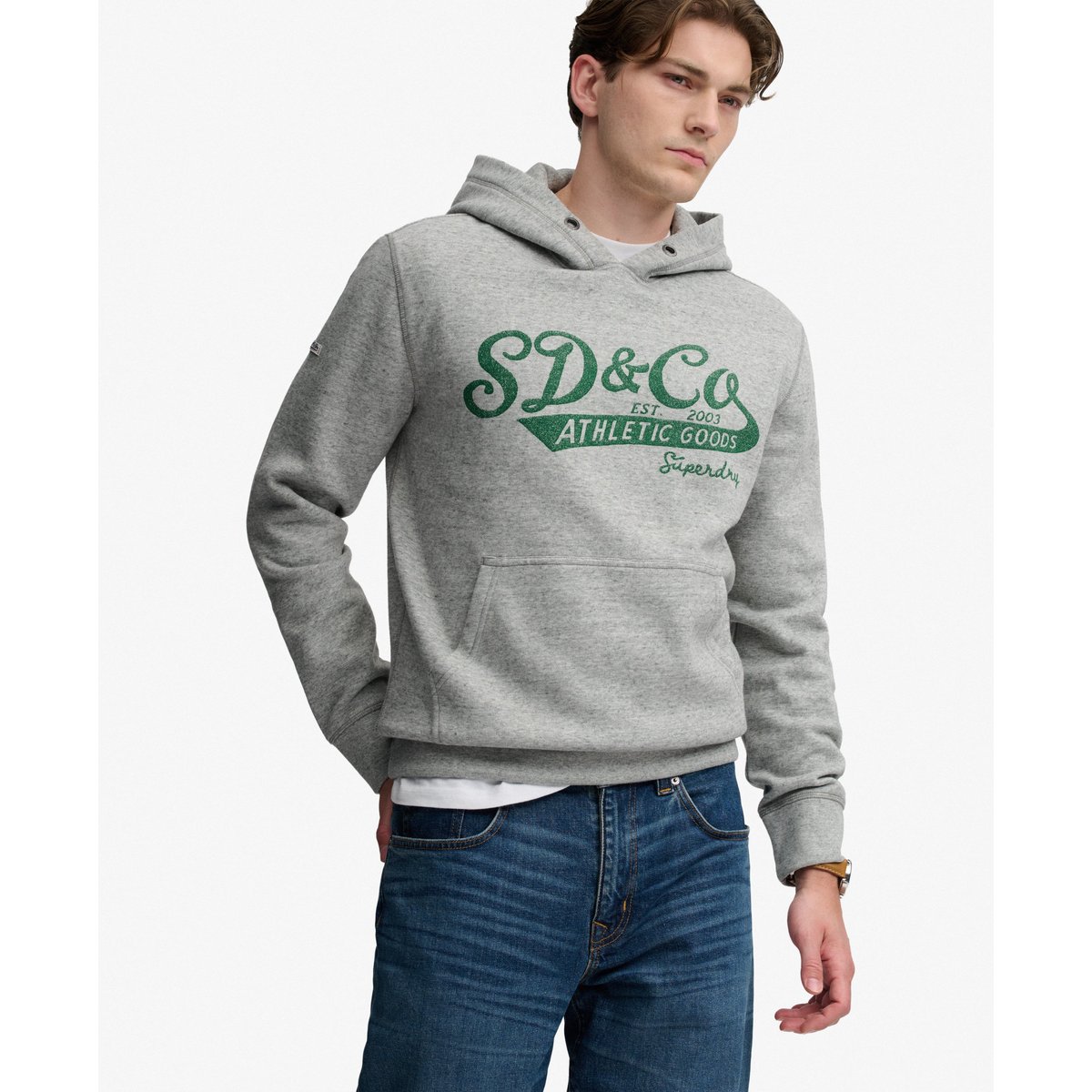 Sweat à capuche Vintage Script gris athlétique chiné, SUPERDRY