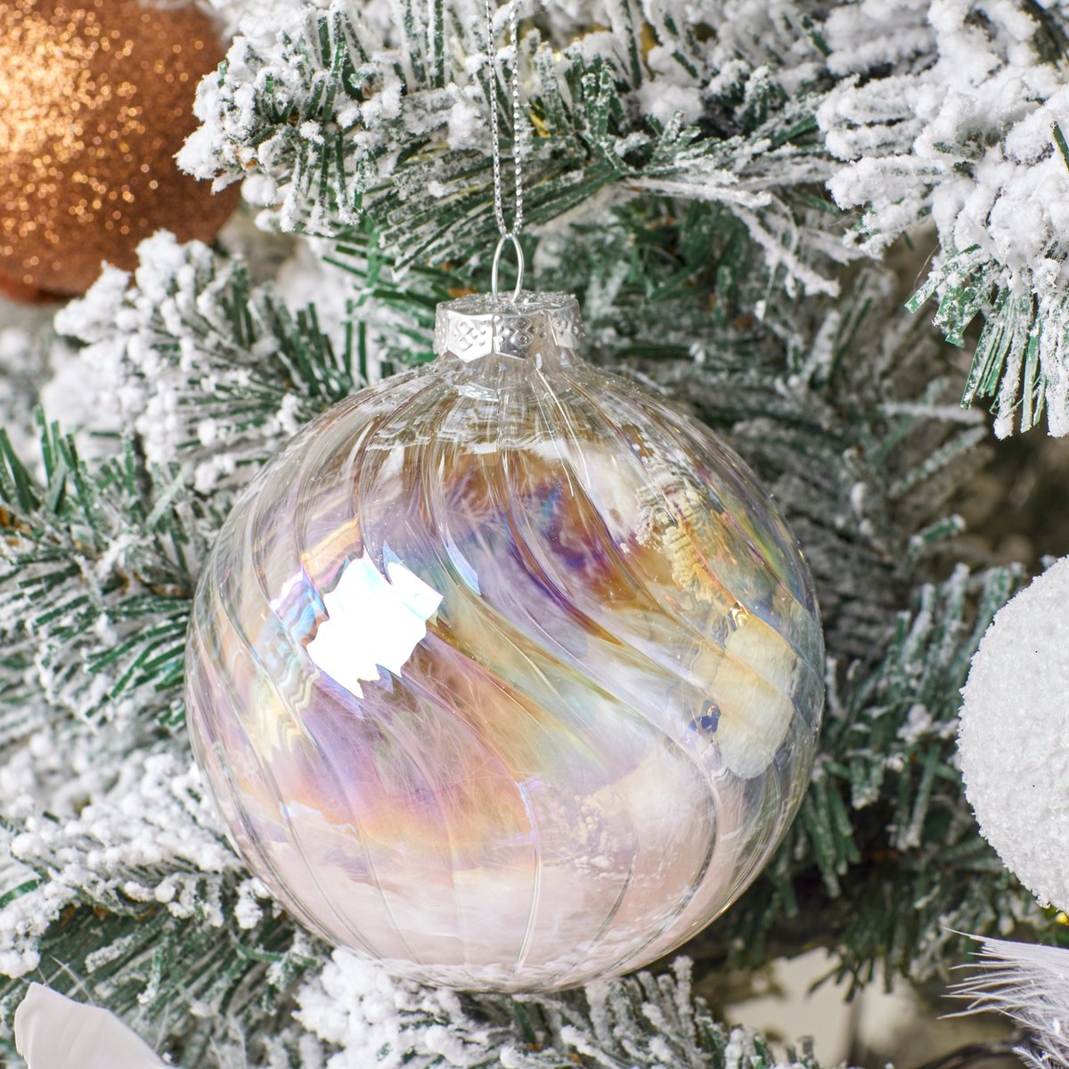 Boule de Noël Verre 100 mm Intérieur Plume Rose rose, FEERIC LIGHTS & CHRISTMAS