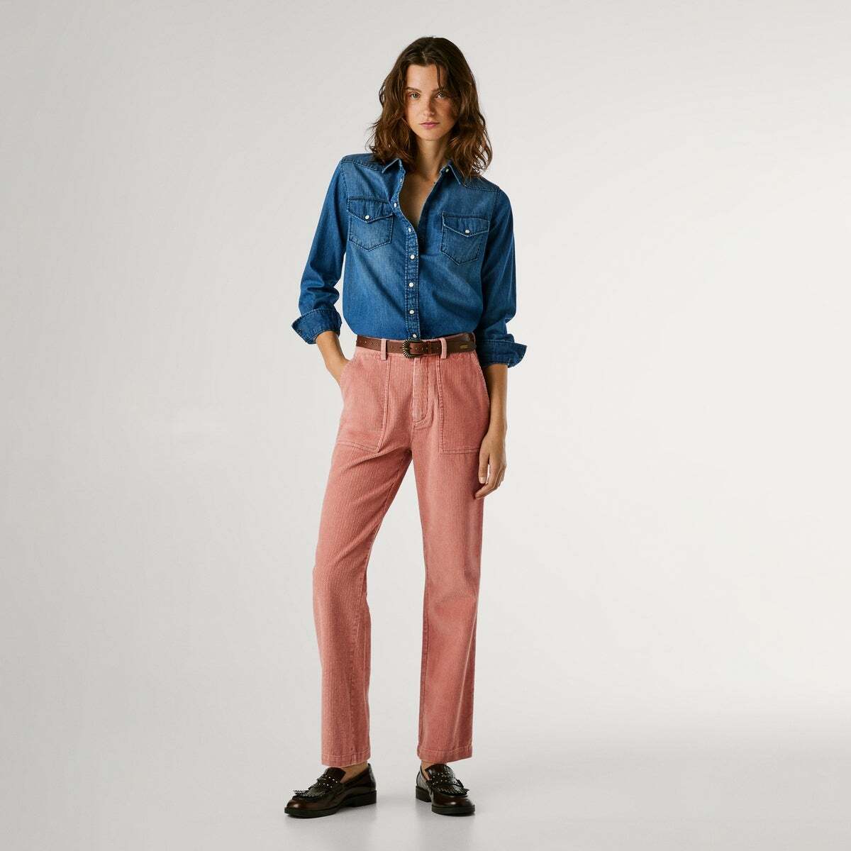 Pantalon Droit En Velours Côtelé rose ardoise, PEPE JEANS